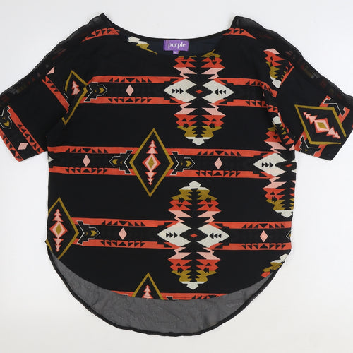 Purple Womens Black Geometric Polyester Basic Blouse Size M Round Neck