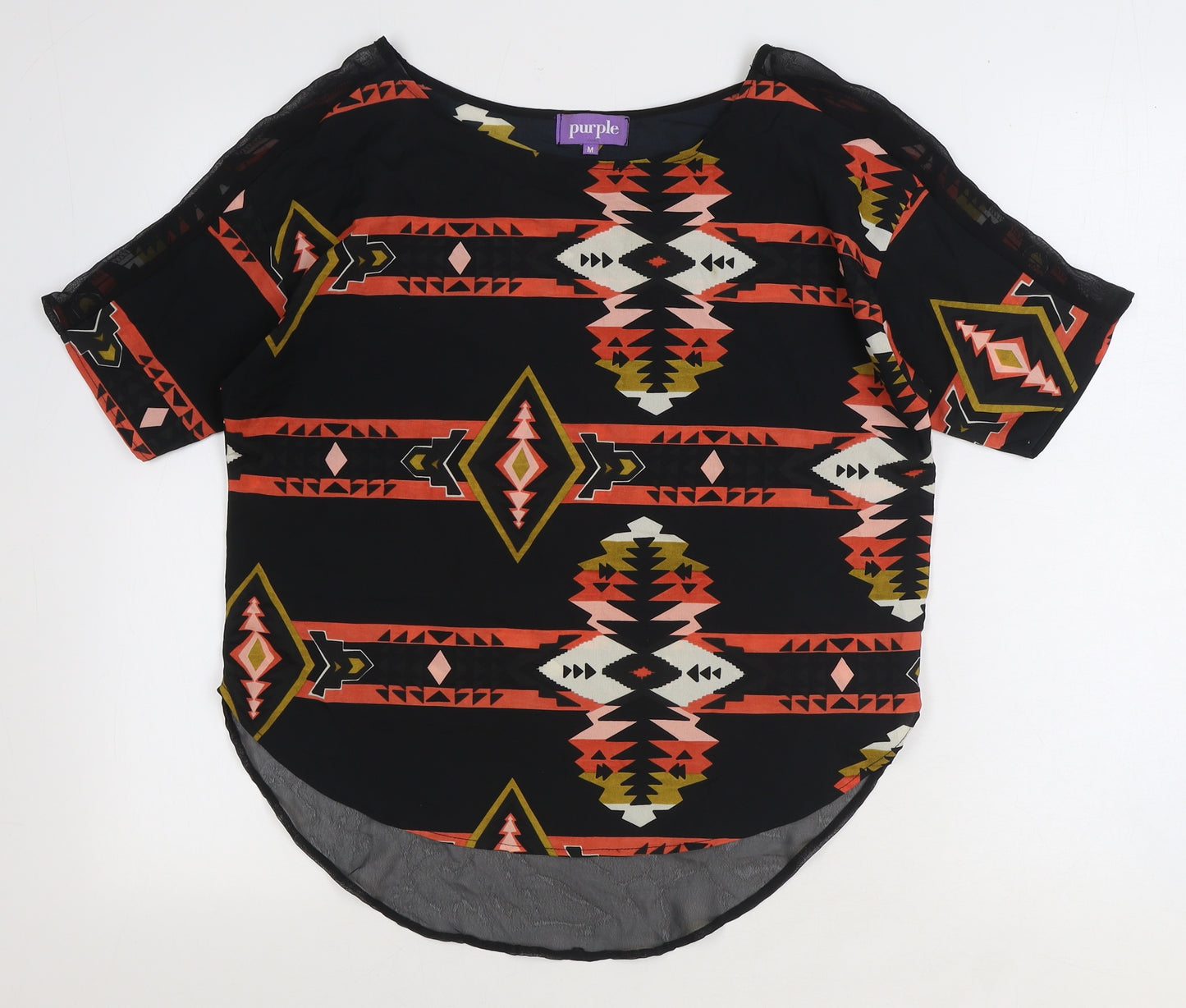Purple Womens Black Geometric Polyester Basic Blouse Size M Round Neck