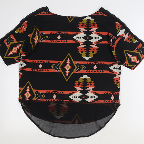 Purple Womens Black Geometric Polyester Basic Blouse Size M Round Neck