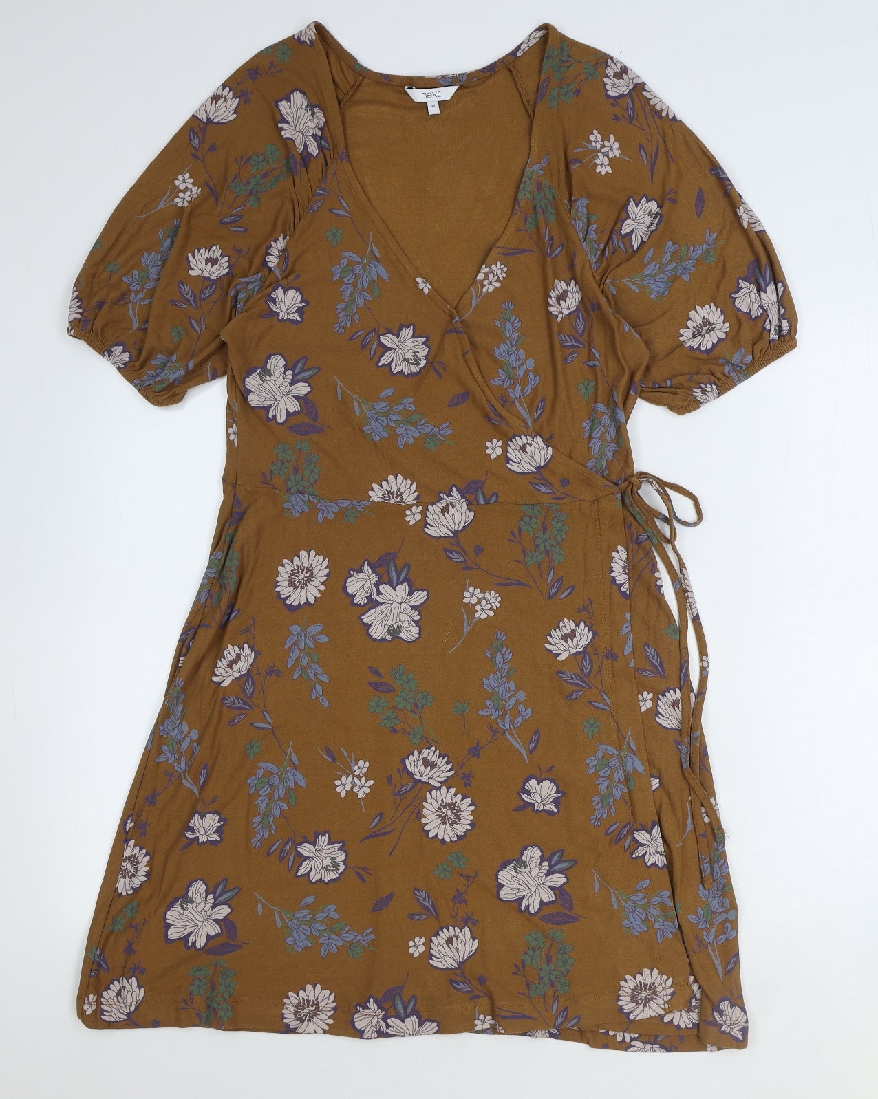 NEXT Womens Brown Floral Viscose Wrap Dress Size 12 V-Neck Tie
