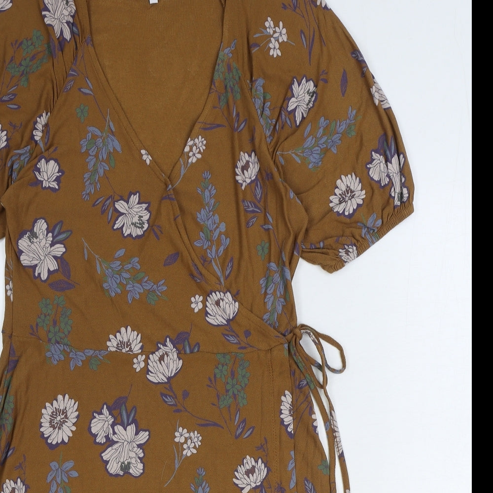 NEXT Womens Brown Floral Viscose Wrap Dress Size 12 V-Neck Tie