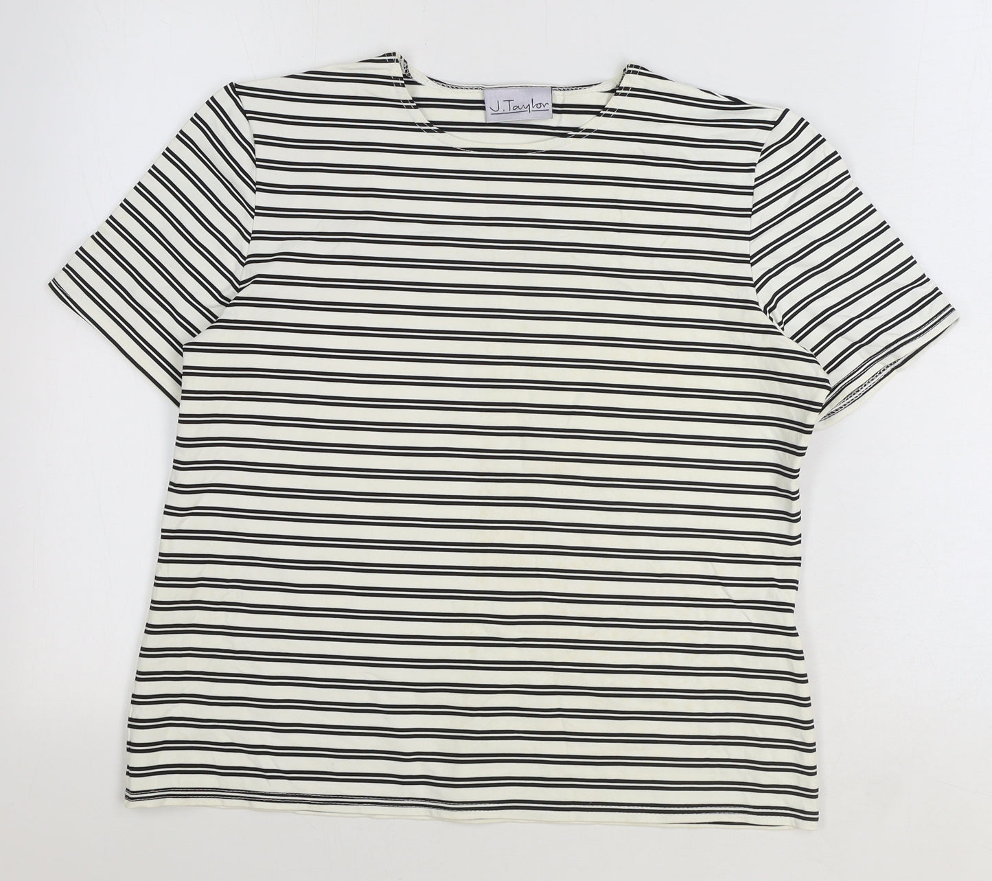 J Taylor Womens Ivory Striped Nylon Basic T-Shirt Size 16 Round Neck