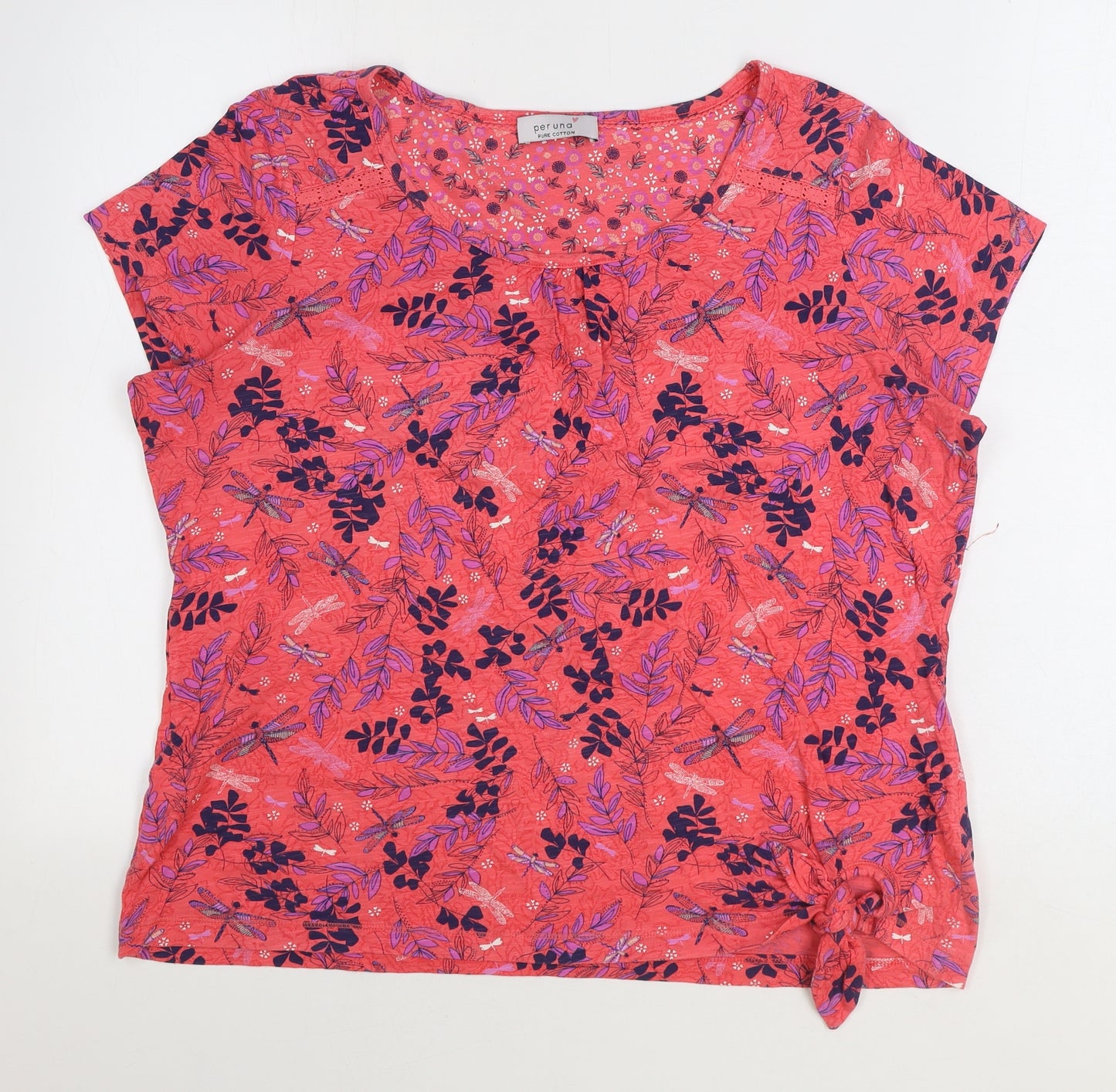 Marks and Spencer Womens Pink Geometric 100% Cotton Basic T-Shirt Size 16 Round Neck - Leaf Print
