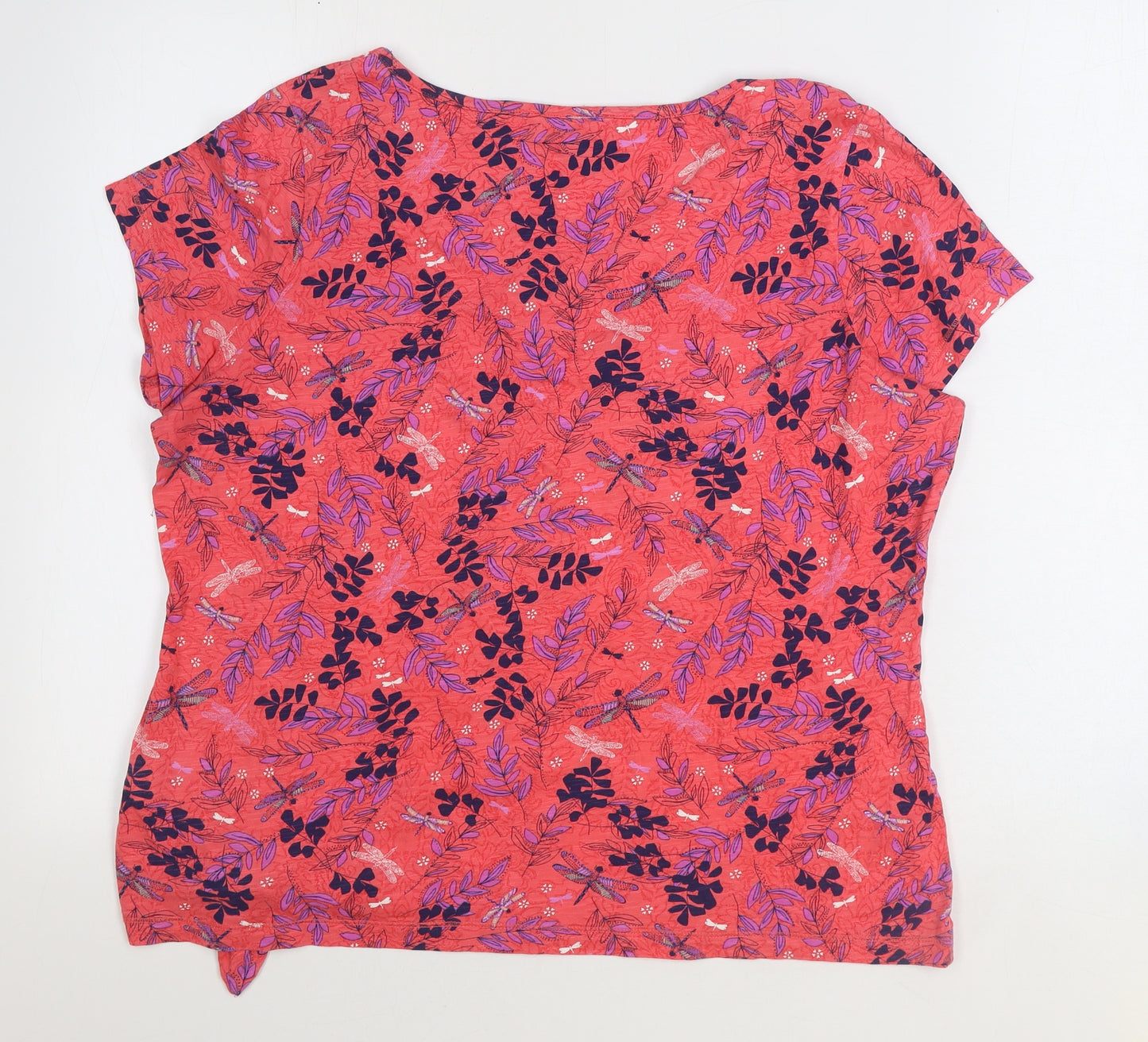Marks and Spencer Womens Pink Geometric 100% Cotton Basic T-Shirt Size 16 Round Neck - Leaf Print