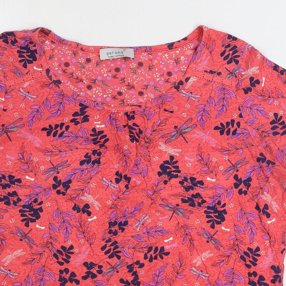 Marks and Spencer Womens Pink Geometric 100% Cotton Basic T-Shirt Size 16 Round Neck - Leaf Print