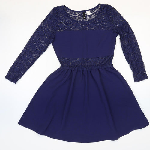 Divided Womens Blue Geometric Polyester Fit & Flare Size 10 Round Neck Pullover