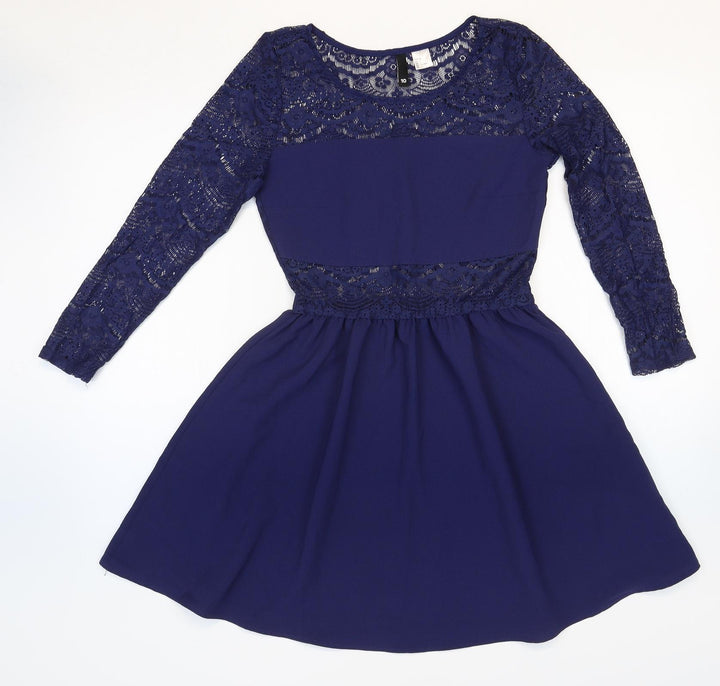 Divided Womens Blue Geometric Polyester Fit & Flare Size 10 Round Neck Pullover