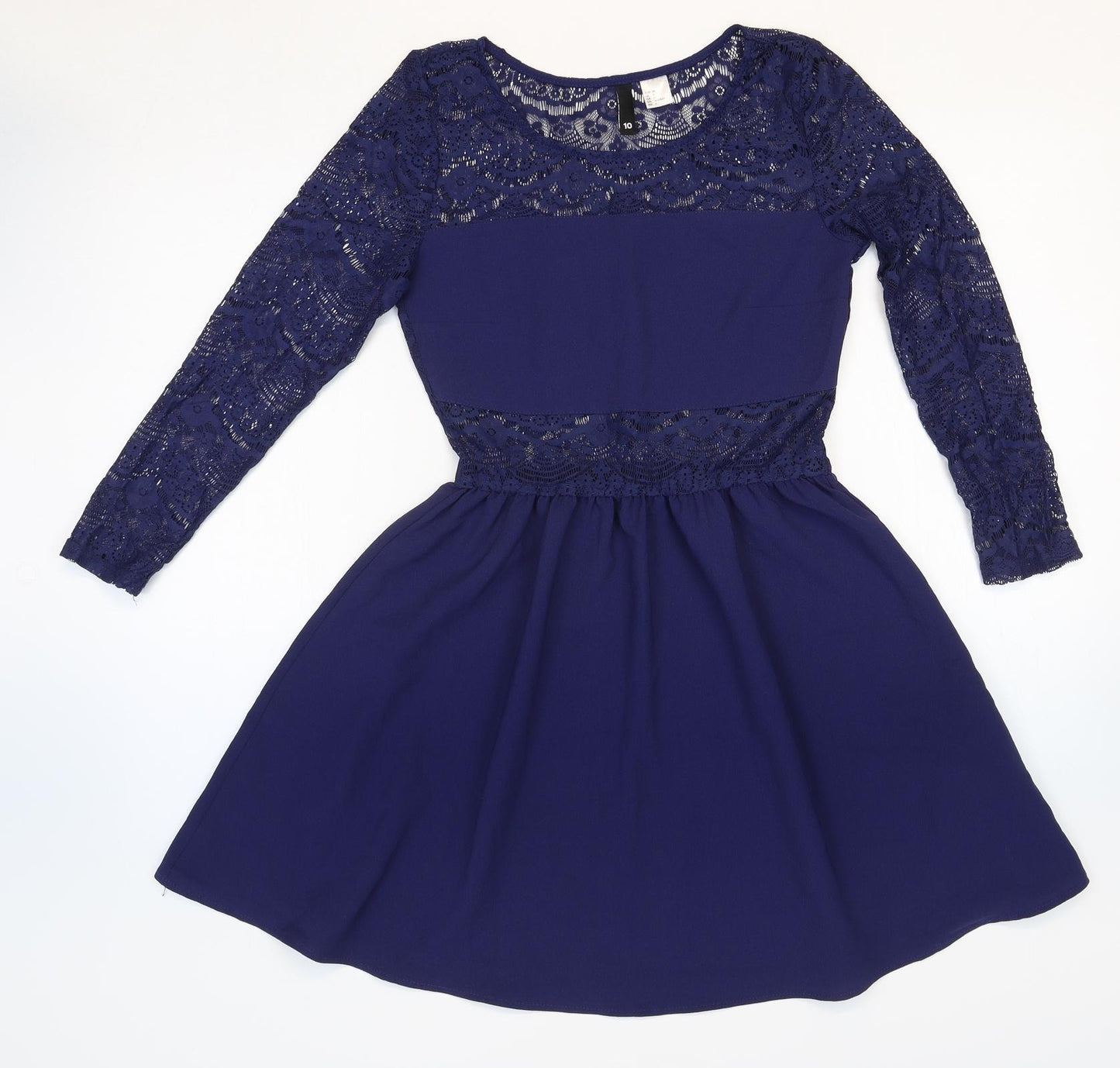 Divided Womens Blue Geometric Polyester Fit & Flare Size 10 Round Neck Pullover