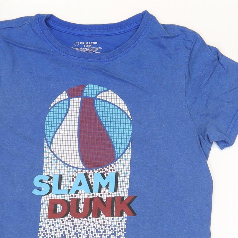 Primark Boys Blue 100% Cotton Basic T-Shirt Size 9-10 Years Round Neck Pullover - Slam Dunk