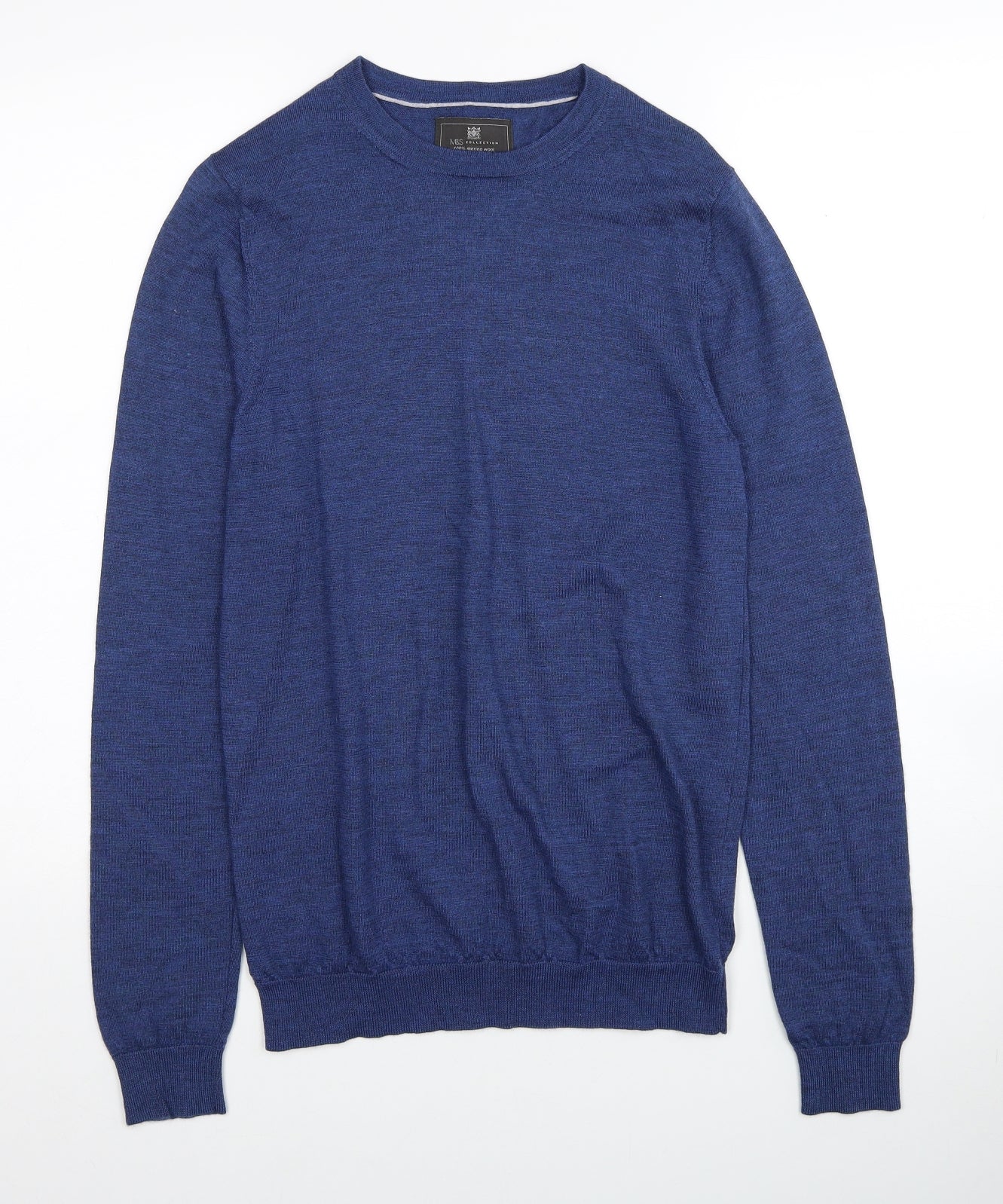 Marks and Spencer Mens Blue Round Neck Wool Pullover Jumper Size S Long Sleeve