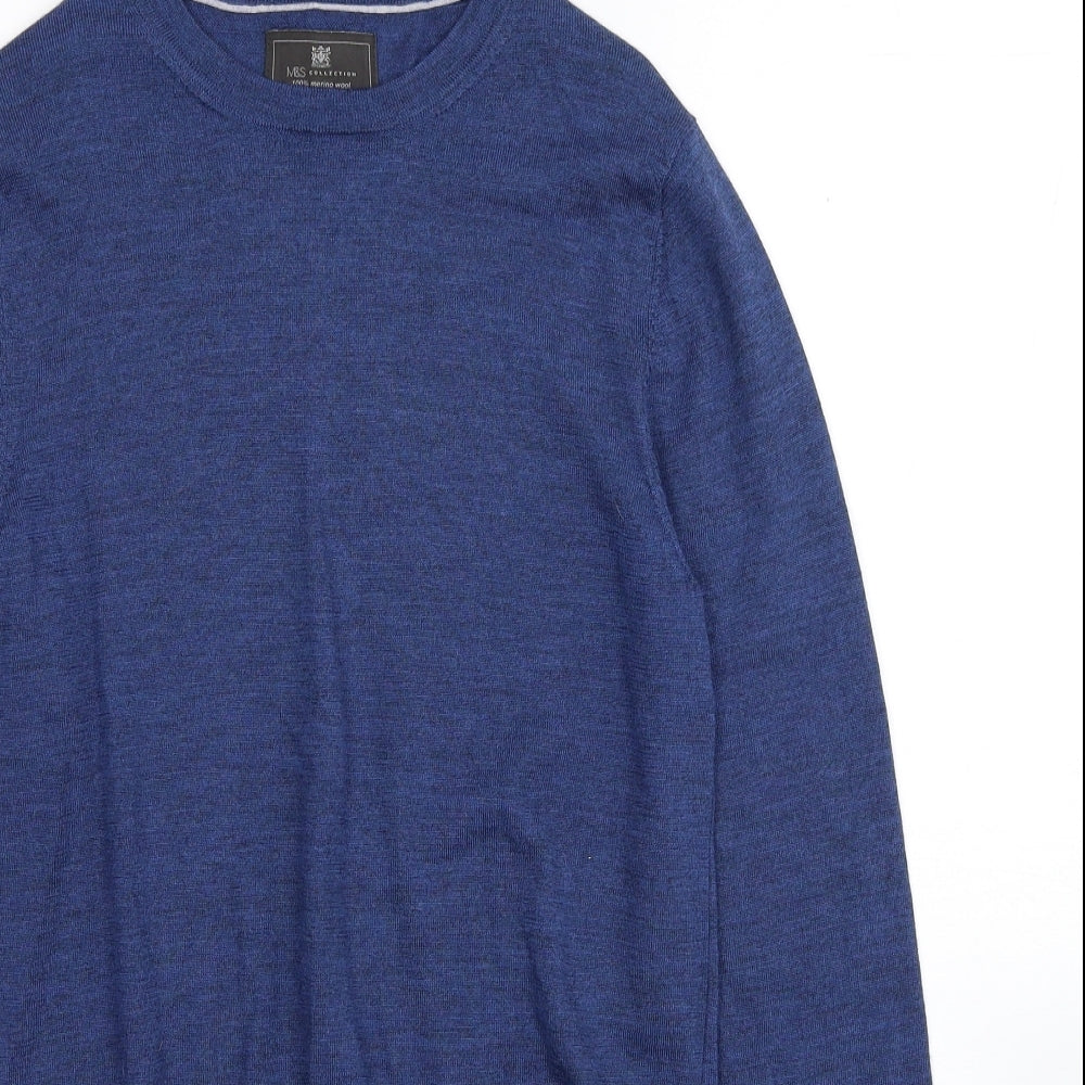 Marks and Spencer Mens Blue Round Neck Wool Pullover Jumper Size S Long Sleeve