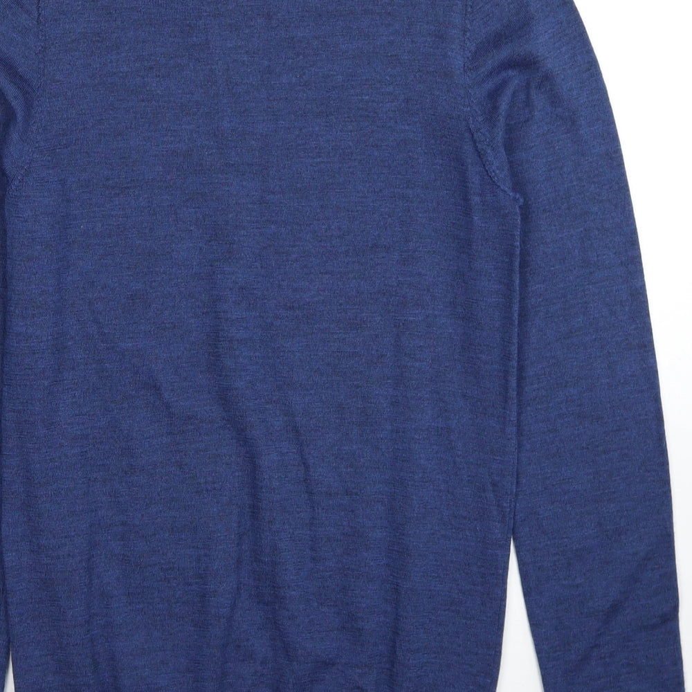 Marks and Spencer Mens Blue Round Neck Wool Pullover Jumper Size S Long Sleeve