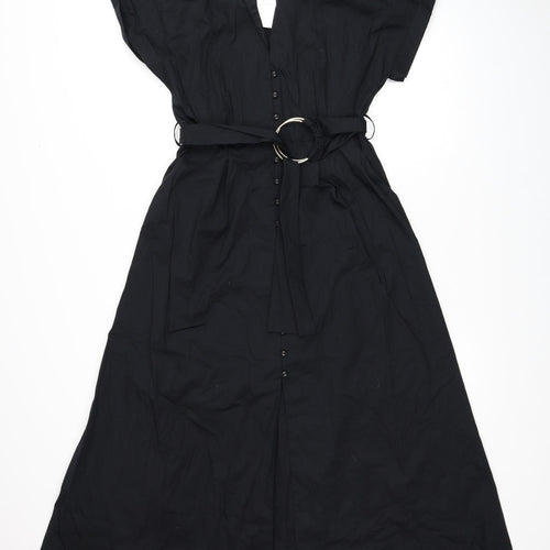 Zara Womens Black Cotton Shirt Dress Size S Collared Button
