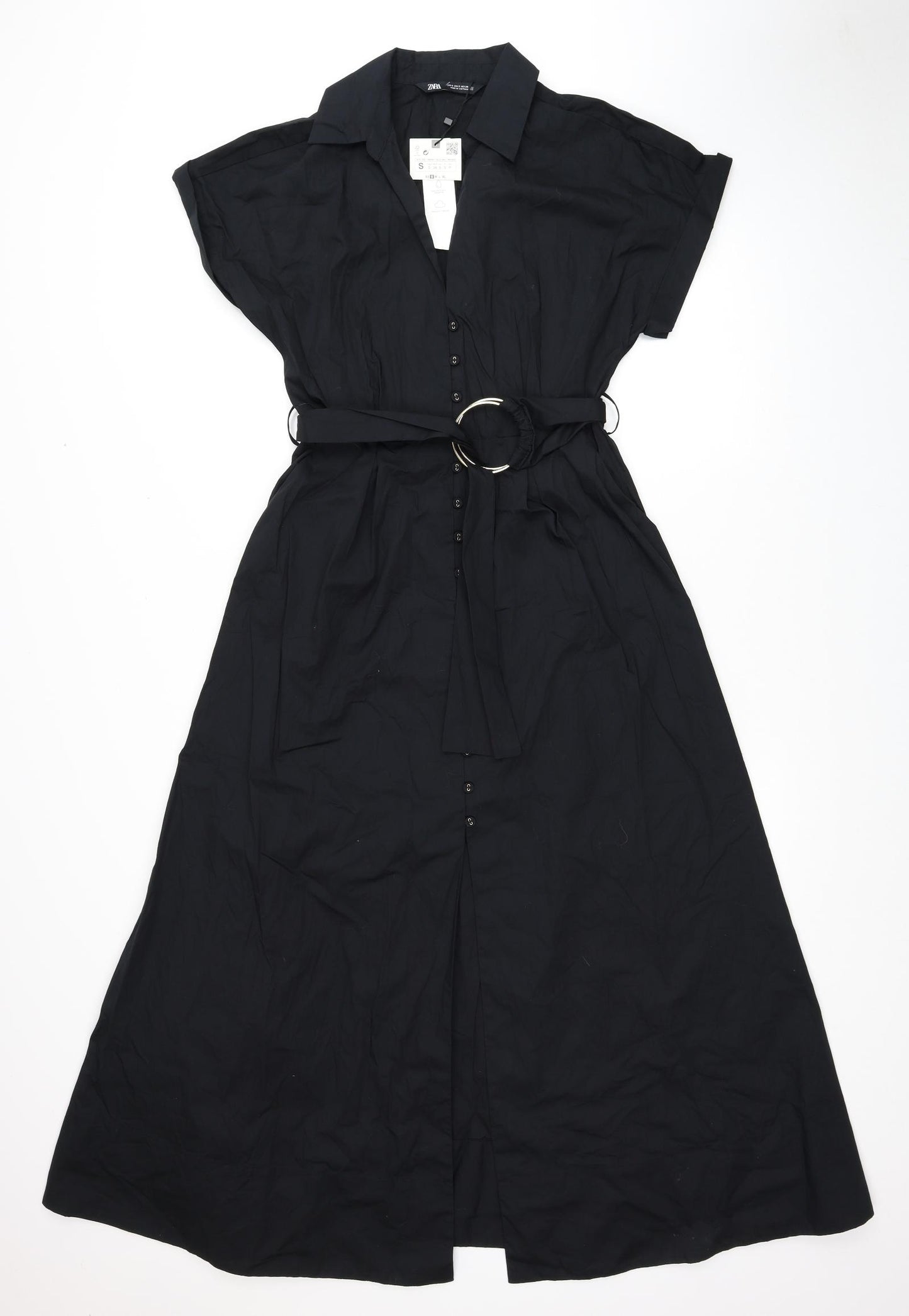Zara Womens Black Cotton Shirt Dress Size S Collared Button