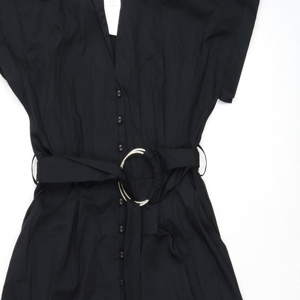 Zara Womens Black Cotton Shirt Dress Size S Collared Button
