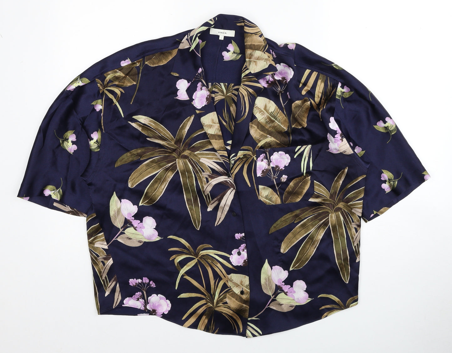 Vince Womens Blue Floral Silk Cropped Blouse Size S Collared