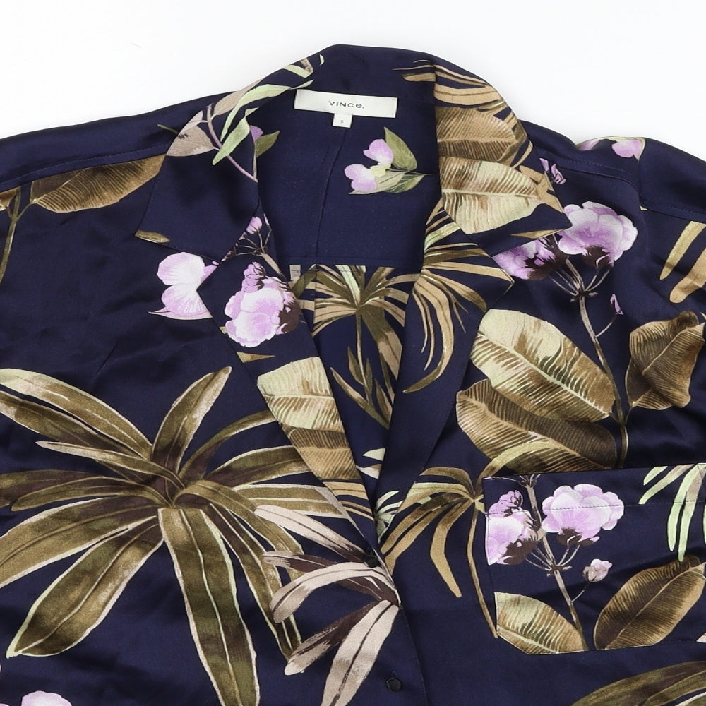 Vince Womens Blue Floral Silk Cropped Blouse Size S Collared