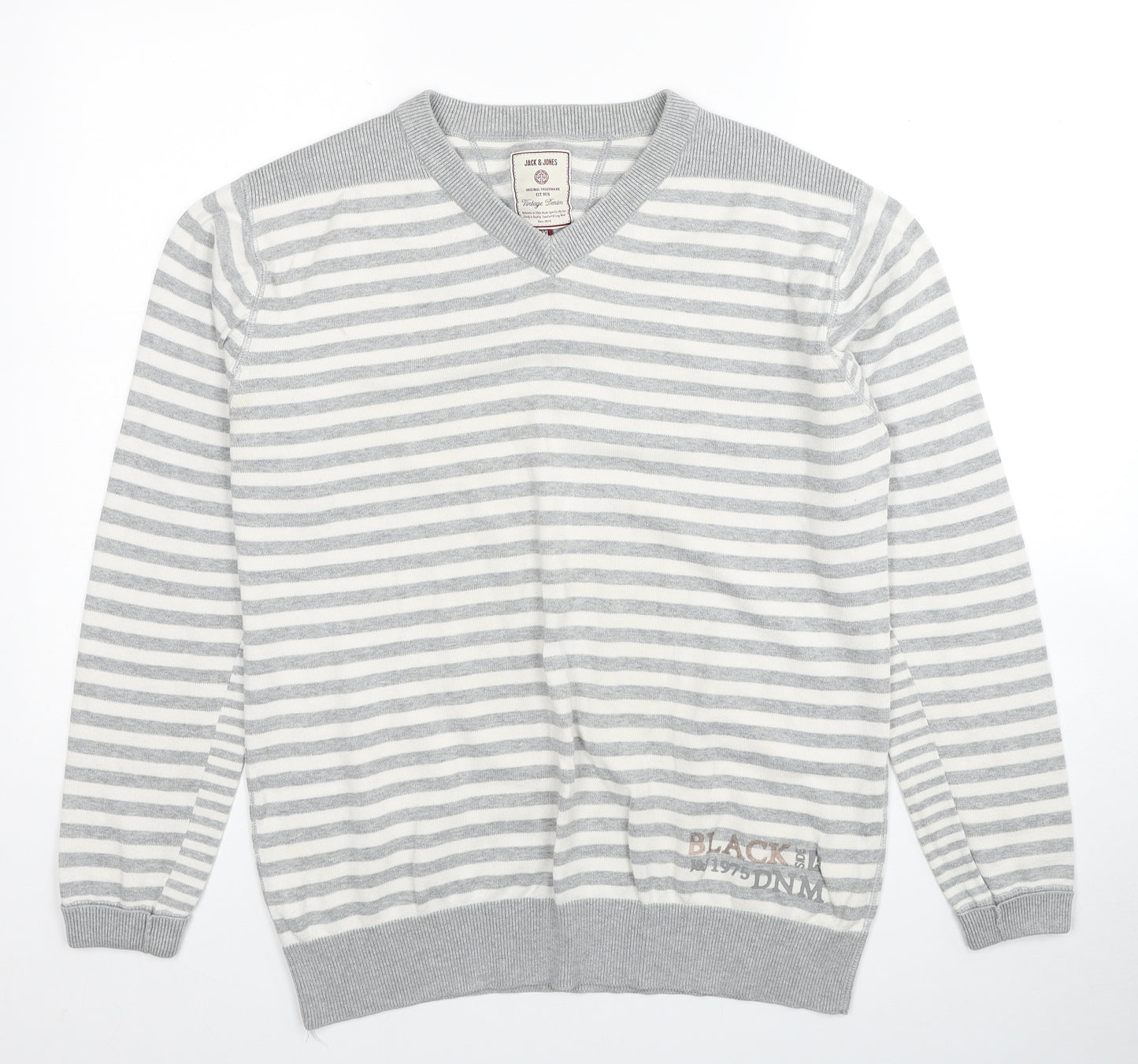 JACK & JONES Mens Grey V-Neck Striped Polyester Pullover Jumper Size XL Long Sleeve