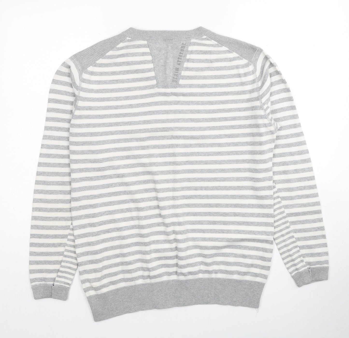 JACK & JONES Mens Grey V-Neck Striped Polyester Pullover Jumper Size XL Long Sleeve