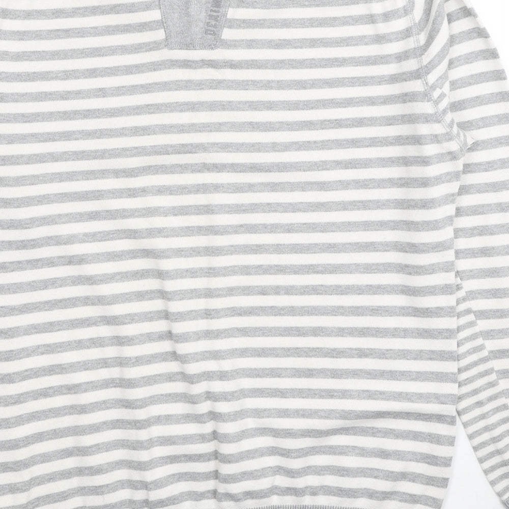 JACK & JONES Mens Grey V-Neck Striped Polyester Pullover Jumper Size XL Long Sleeve