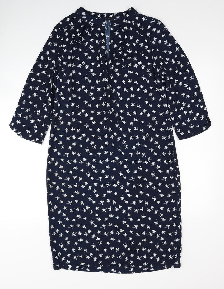 Marks and Spencer Womens Blue Floral Polyester A-Line Size 10 V-Neck Pullover