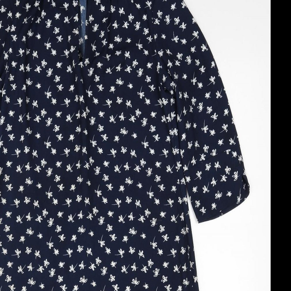 Marks and Spencer Womens Blue Floral Polyester A-Line Size 10 V-Neck Pullover