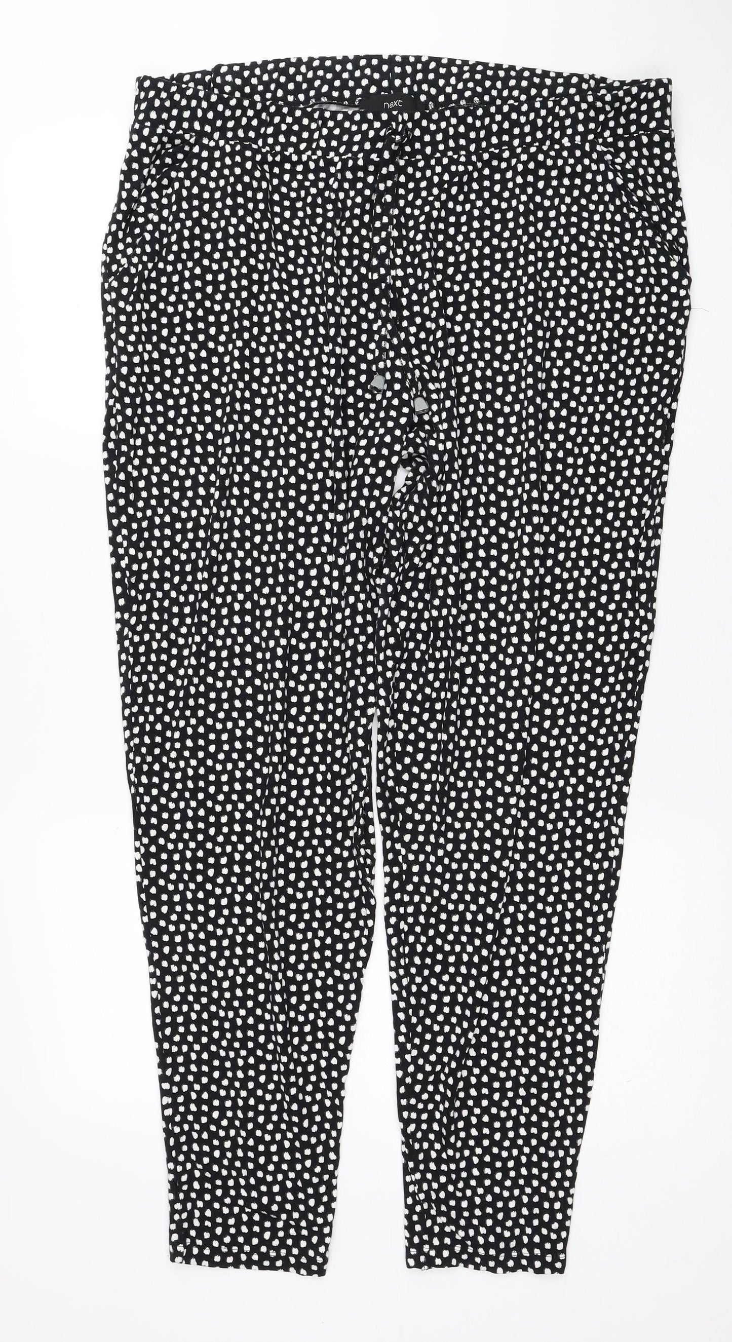 NEXT Womens Black Animal Print Viscose Trousers Size 18 Regular Drawstring