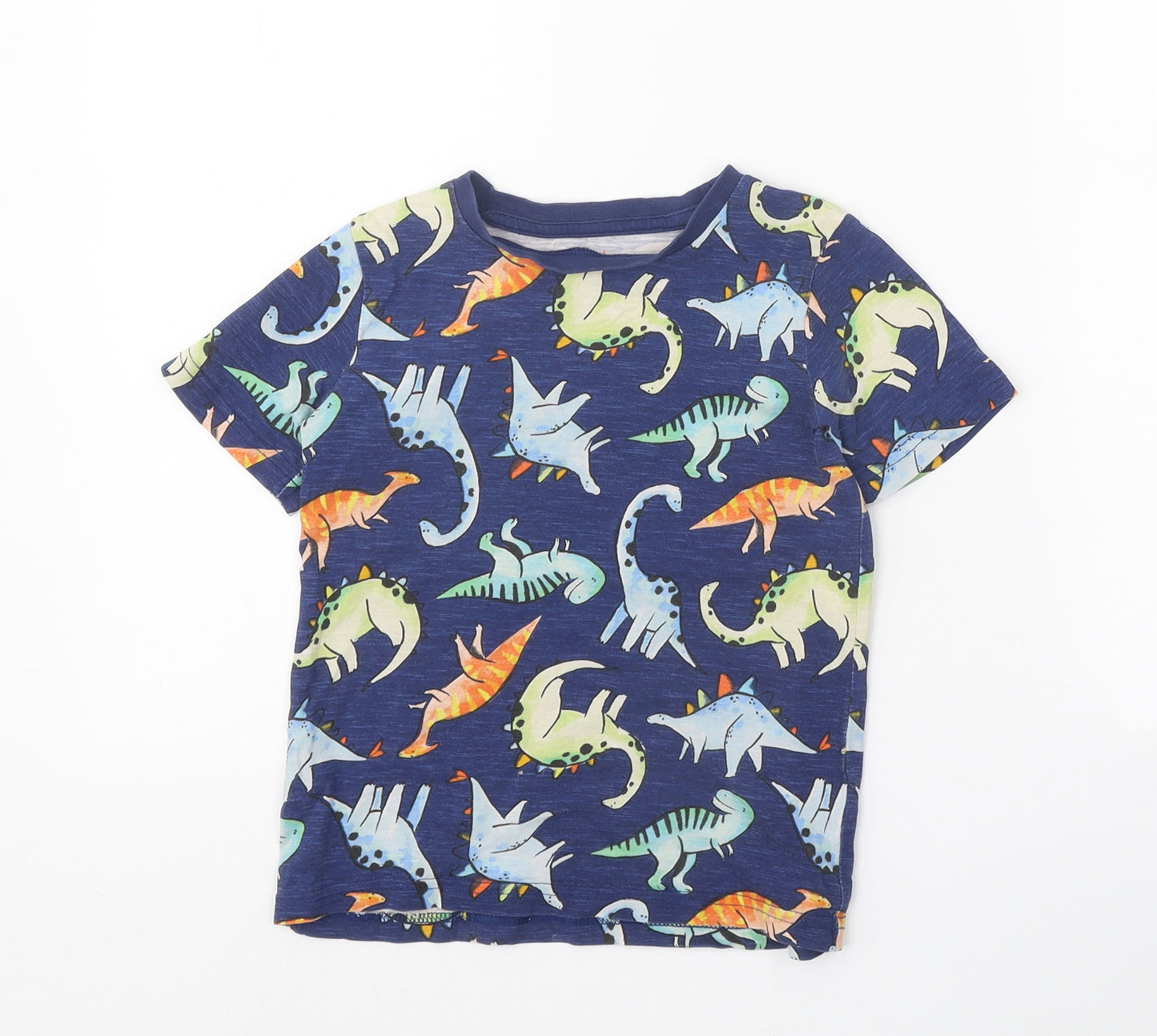 TU Boys Blue Geometric 100% Cotton Basic T-Shirt Size 4-5 Years Round Neck Pullover - Dinosaur Pattern