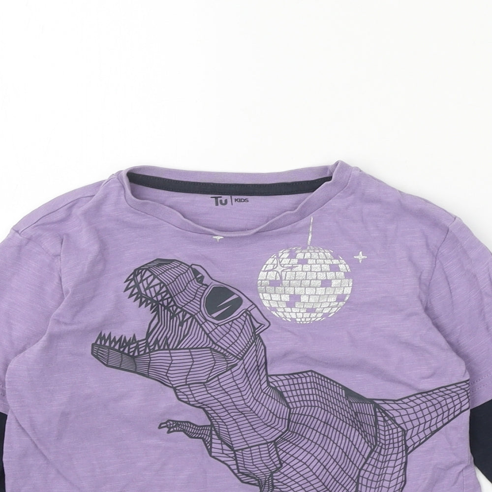 TU Boys Purple 100% Cotton Basic Casual Size 5 Years Round Neck Pullover - Dinosaur Pattern