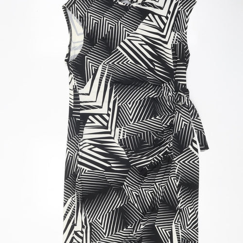 Preworn Womens Black Geometric Polyester Shift One Size Boat Neck Buckle - Tie Detail