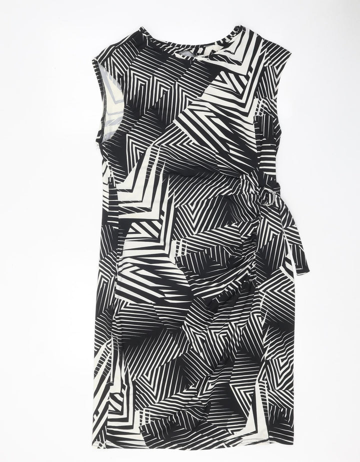 Preworn Womens Black Geometric Polyester Shift One Size Boat Neck Buckle - Tie Detail