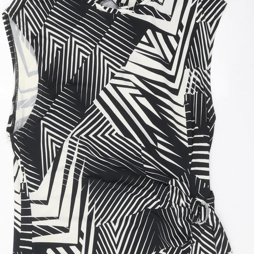 Preworn Womens Black Geometric Polyester Shift One Size Boat Neck Buckle - Tie Detail