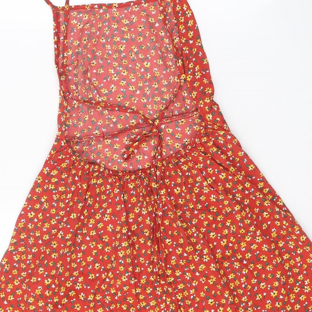 SheIn Womens Red Floral Polyester A-Line Size XS Square Neck Tie