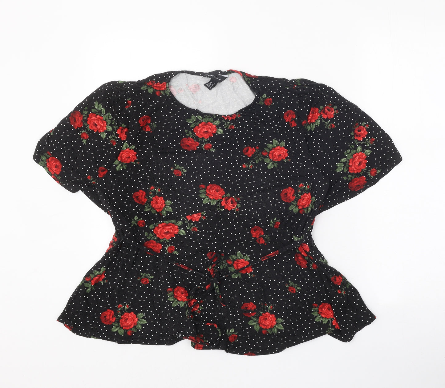 New Look Womens Black Floral Viscose Basic Blouse Size 16 Round Neck