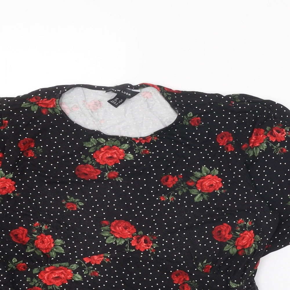 New Look Womens Black Floral Viscose Basic Blouse Size 16 Round Neck