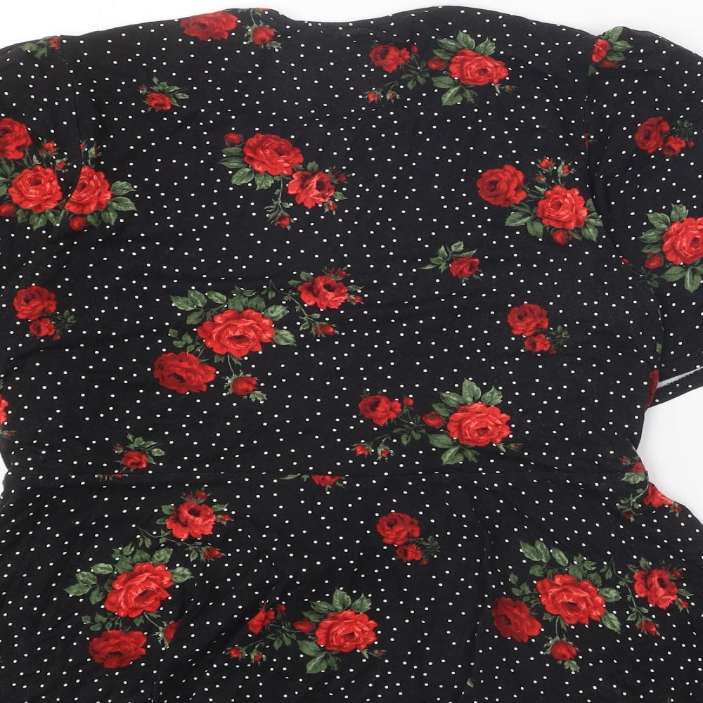 New Look Womens Black Floral Viscose Basic Blouse Size 16 Round Neck