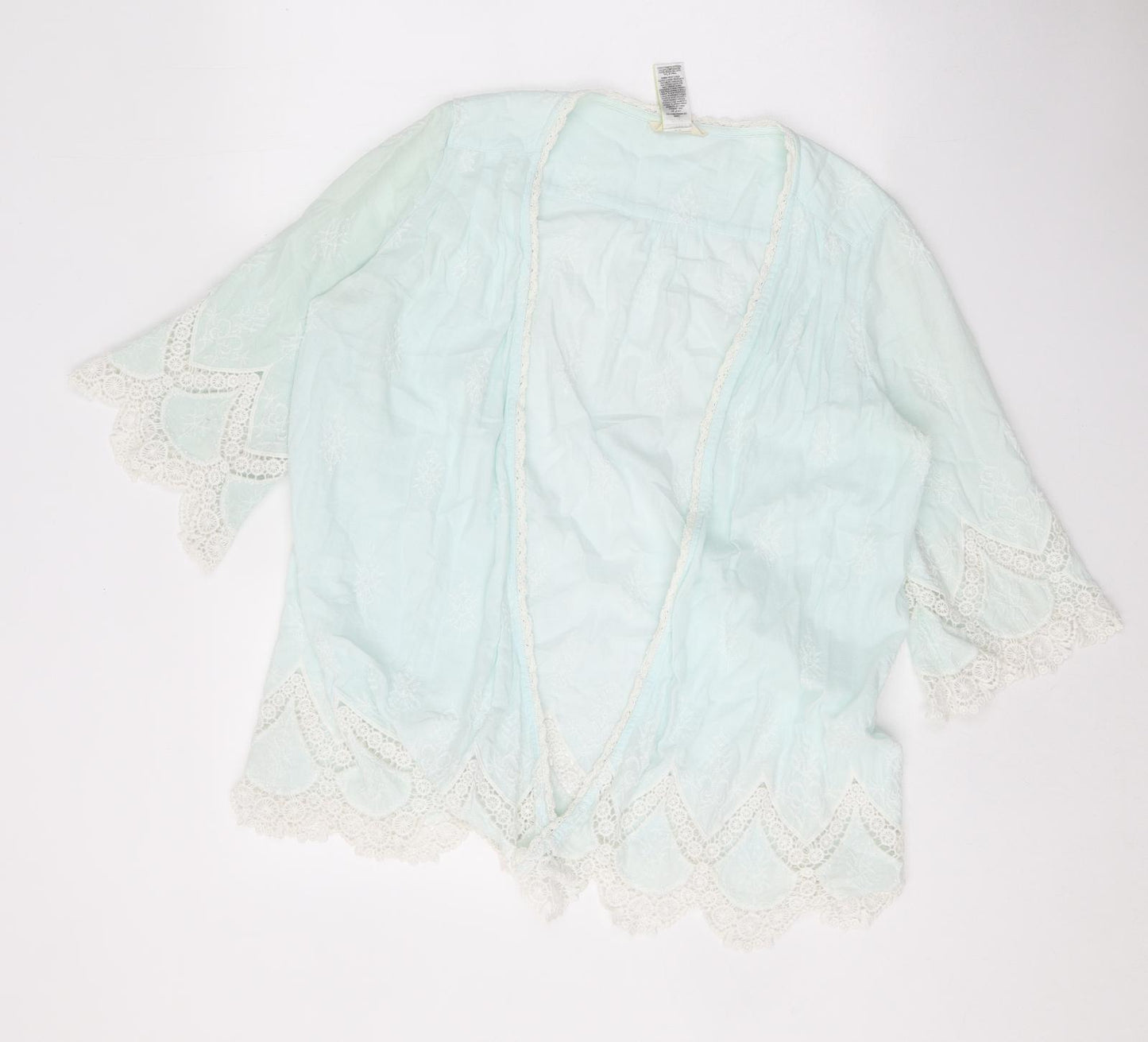 Indigo Womens Green Geometric 100% Cotton Kimono Blouse Size 12 V-Neck - Lace Detail