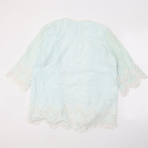 Indigo Womens Green Geometric 100% Cotton Kimono Blouse Size 12 V-Neck - Lace Detail