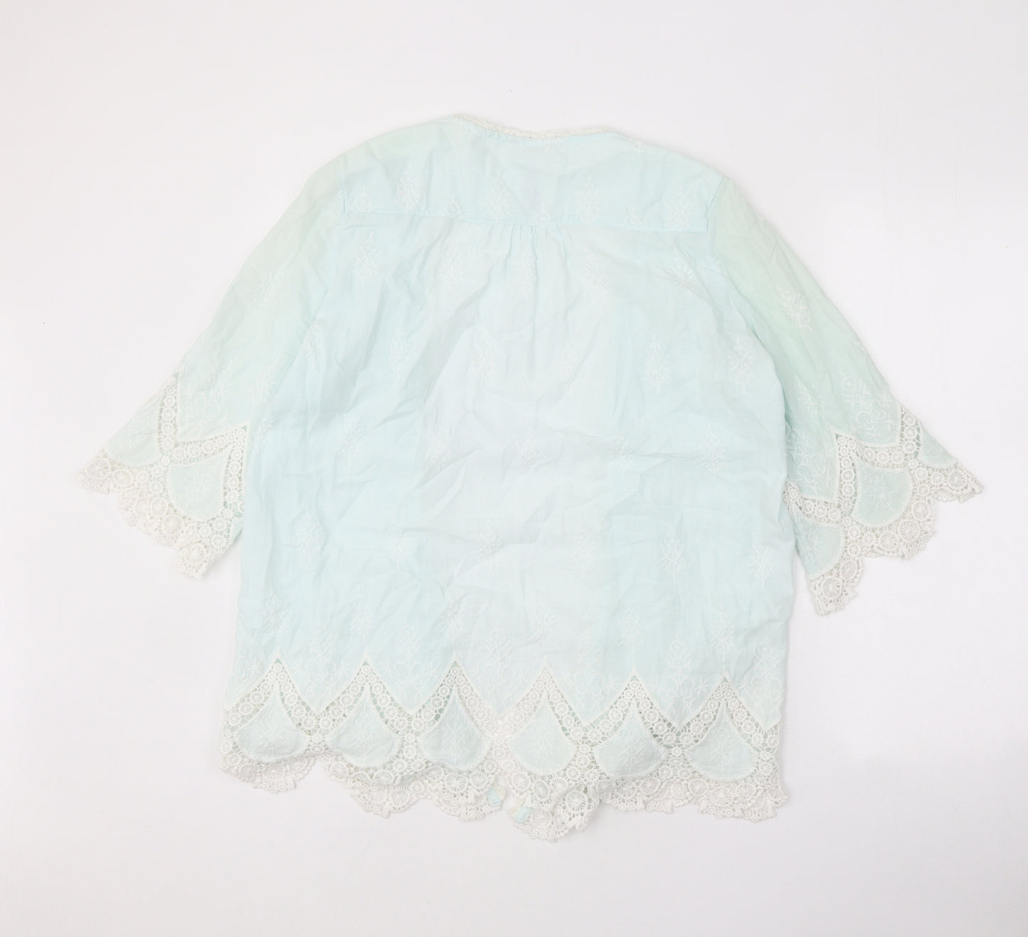 Indigo Womens Green Geometric 100% Cotton Kimono Blouse Size 12 V-Neck - Lace Detail