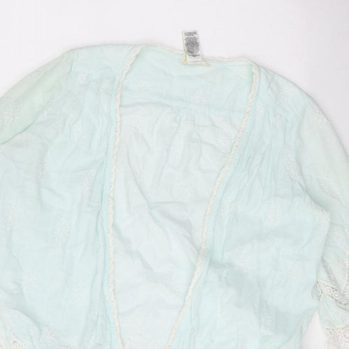 Indigo Womens Green Geometric 100% Cotton Kimono Blouse Size 12 V-Neck - Lace Detail