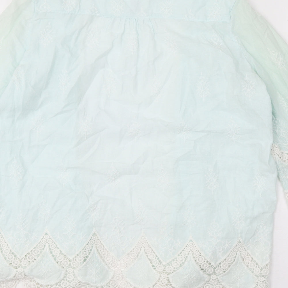 Indigo Womens Green Geometric 100% Cotton Kimono Blouse Size 12 V-Neck - Lace Detail