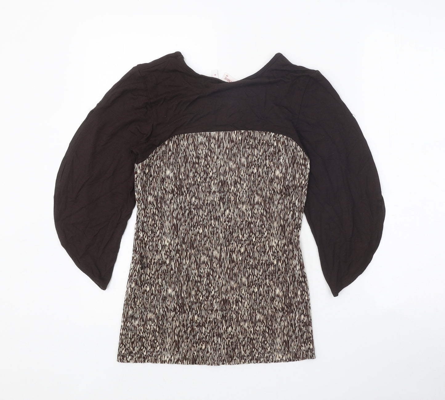 NEXT Womens Brown Geometric Polyester Basic Blouse Size 8 Scoop Neck - Flute Sleeve