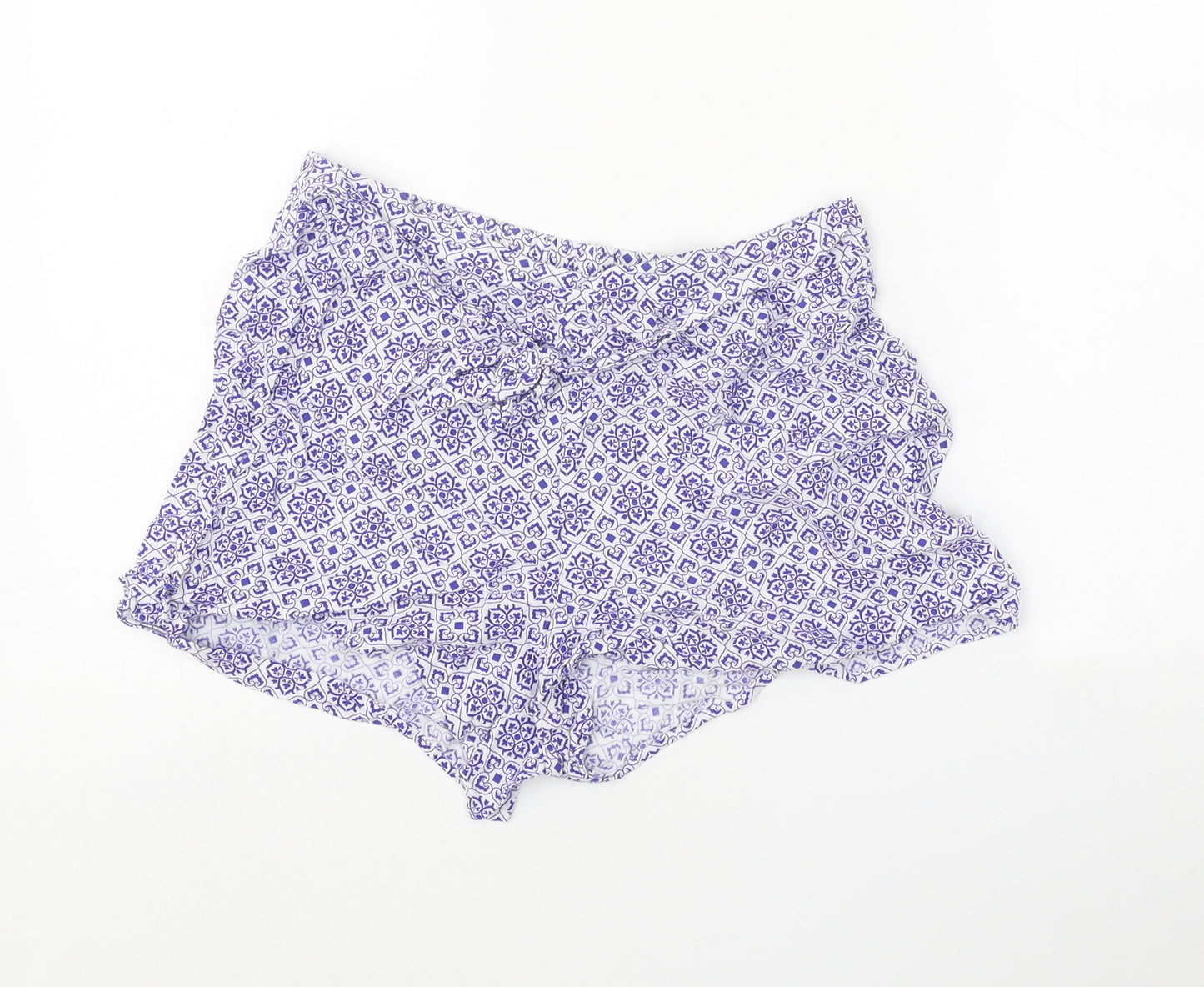 Primark Womens Blue Geometric Viscose Basic Shorts Size 10 Regular Tie