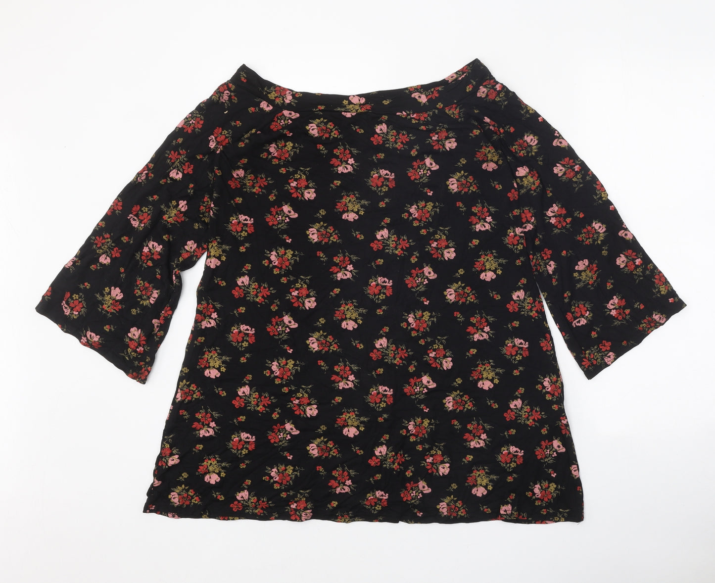 Boohoo Womens Black Floral Viscose Basic T-Shirt Size 16 Boat Neck