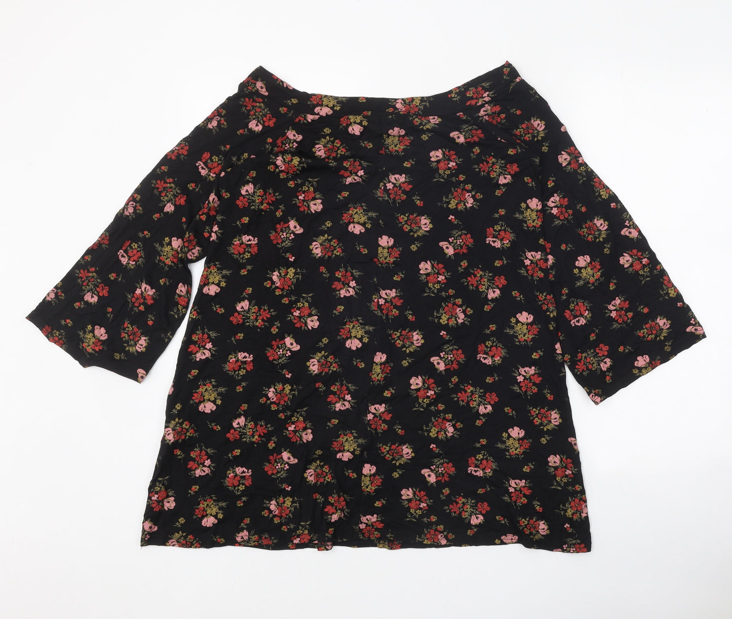 Boohoo Womens Black Floral Viscose Basic T-Shirt Size 16 Boat Neck