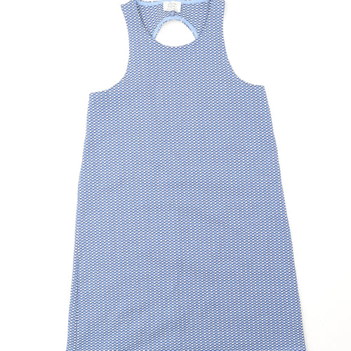 Zara Womens Blue Geometric Polyester A-Line Size 10 Scoop Neck Pullover - Cut Out Back Detail