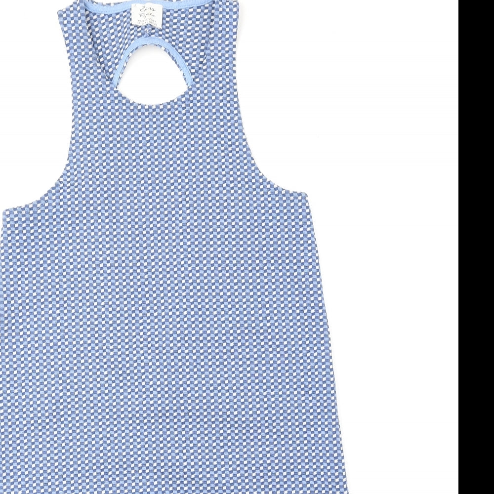 Zara Womens Blue Geometric Polyester A-Line Size 10 Scoop Neck Pullover - Cut Out Back Detail
