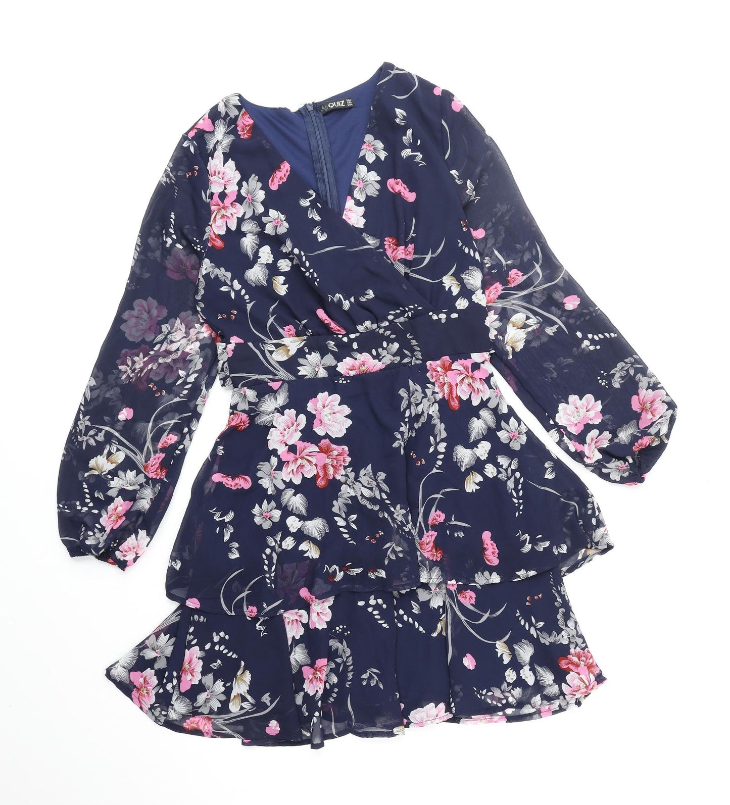 Quiz Womens Blue Floral Polyester Wrap Dress Size 8 V-Neck Zip