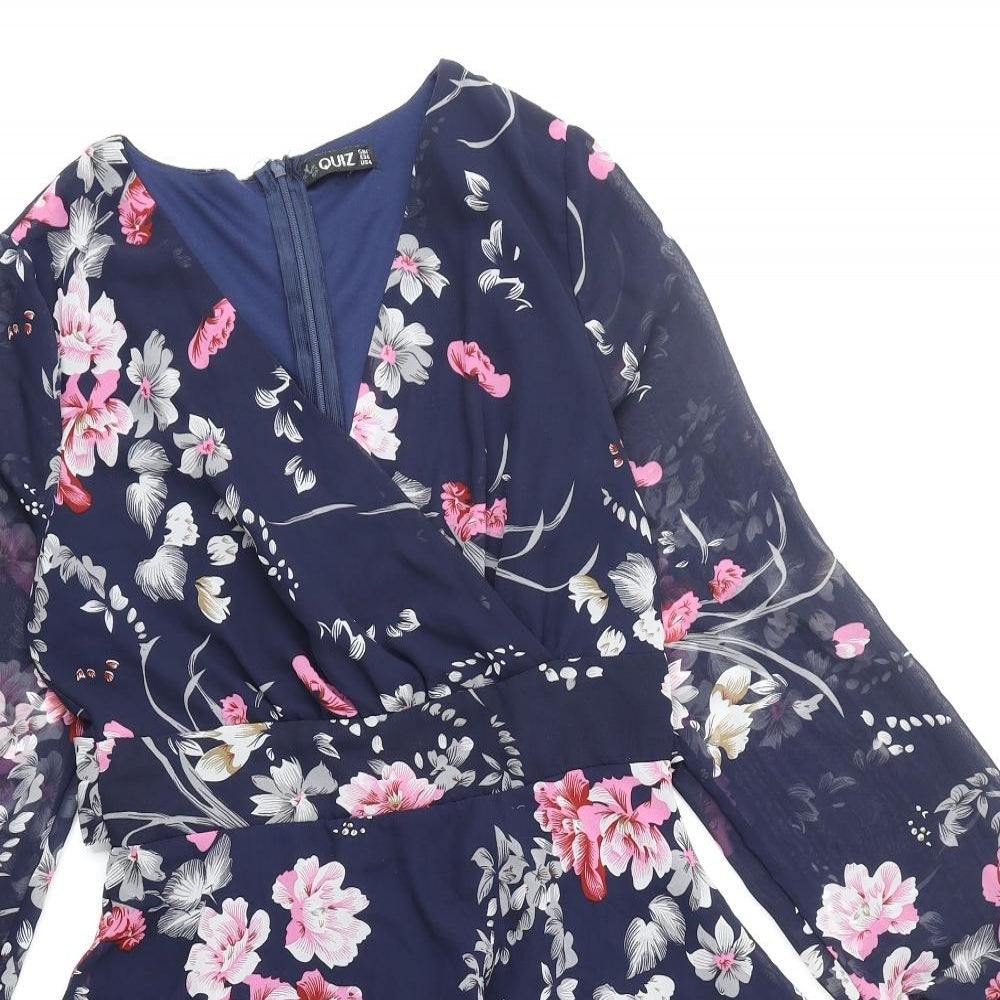 Quiz Womens Blue Floral Polyester Wrap Dress Size 8 V-Neck Zip