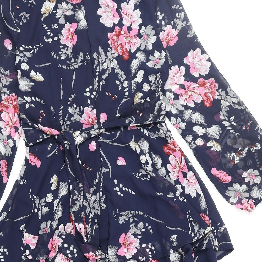 Quiz Womens Blue Floral Polyester Wrap Dress Size 8 V-Neck Zip